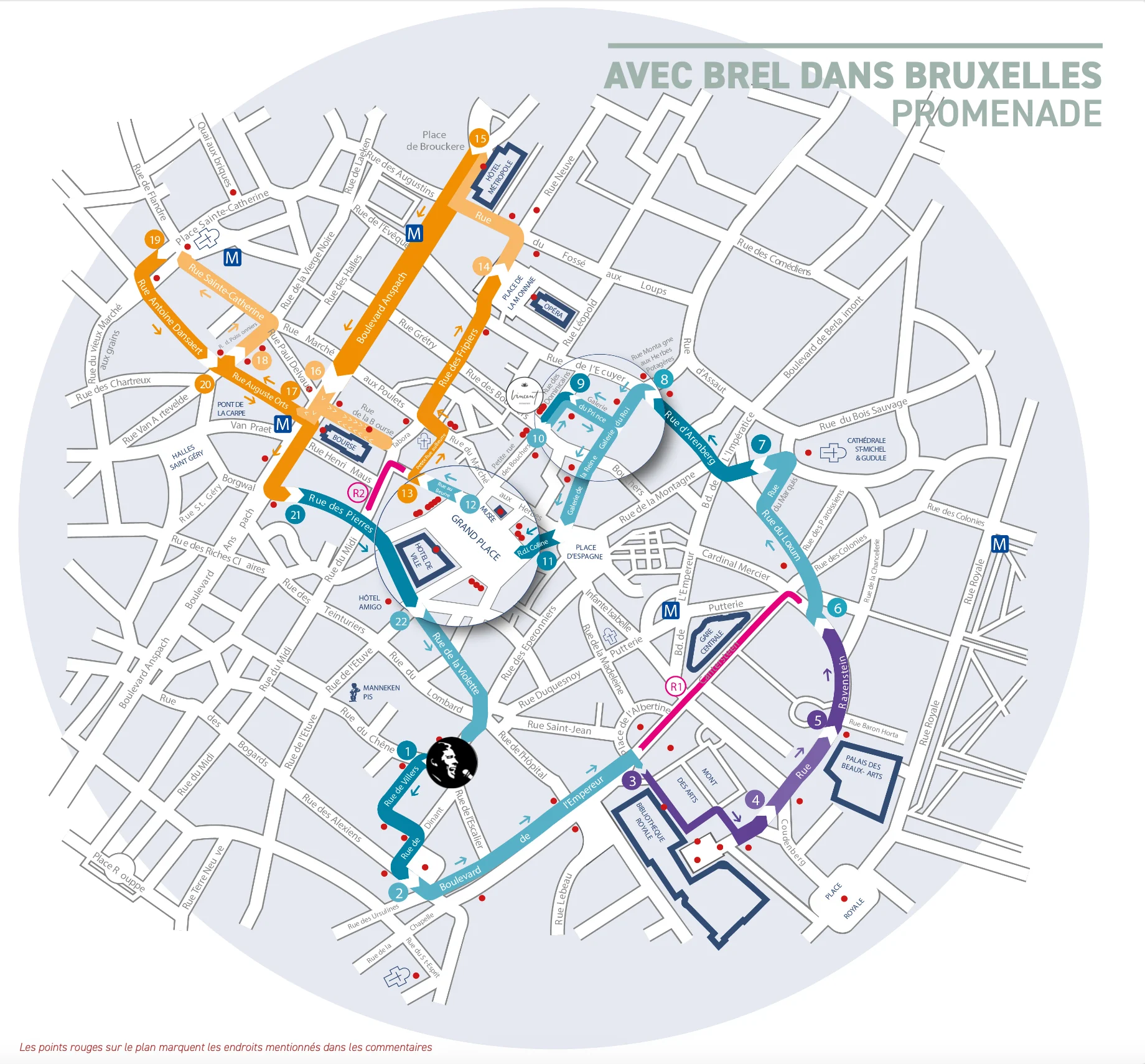 Plan de la promenade Avec Brel dans Bruxelles